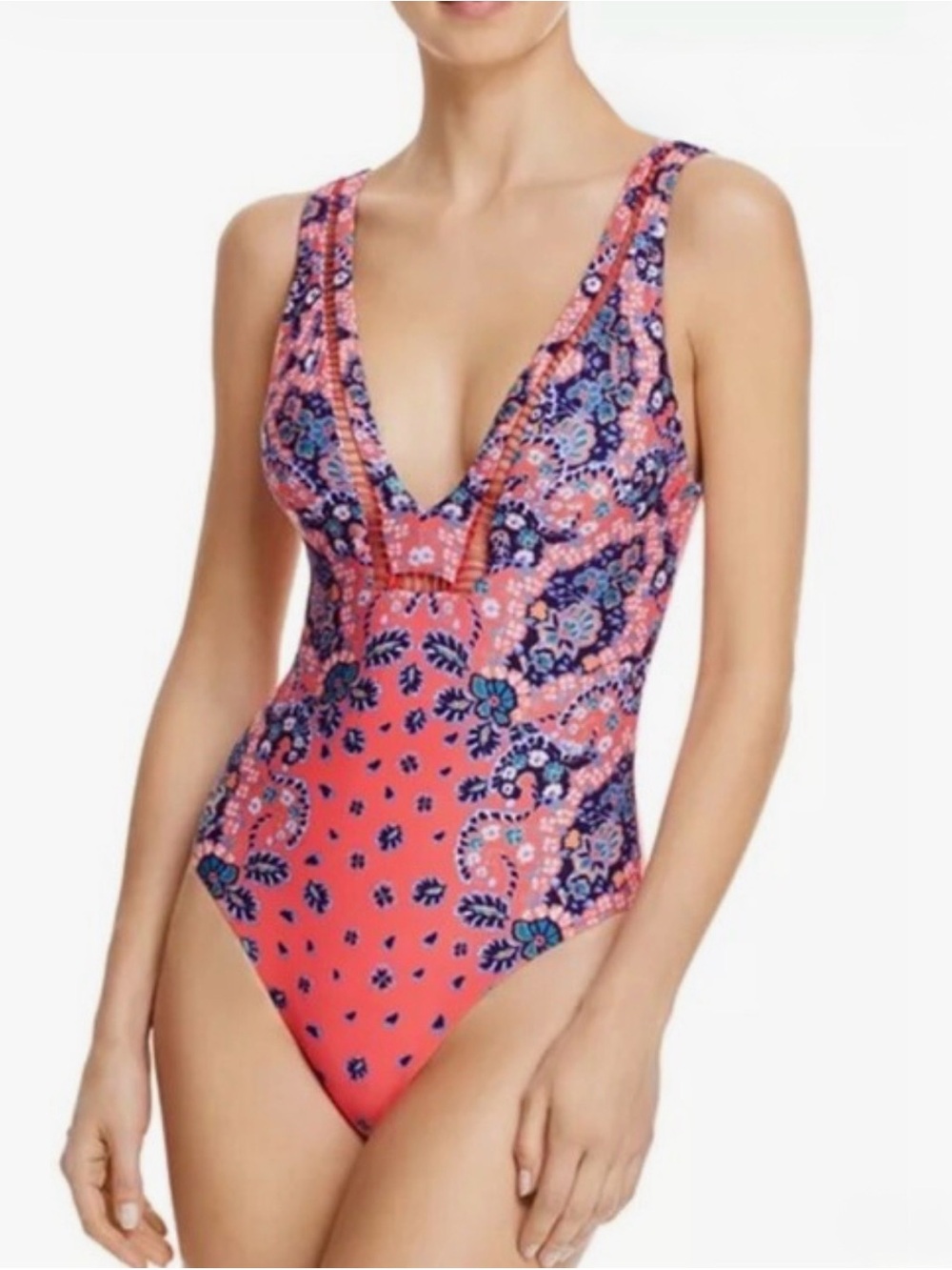 Red Carter Positano Plunge Lobster Floral Print One-Piece Swimsuit L